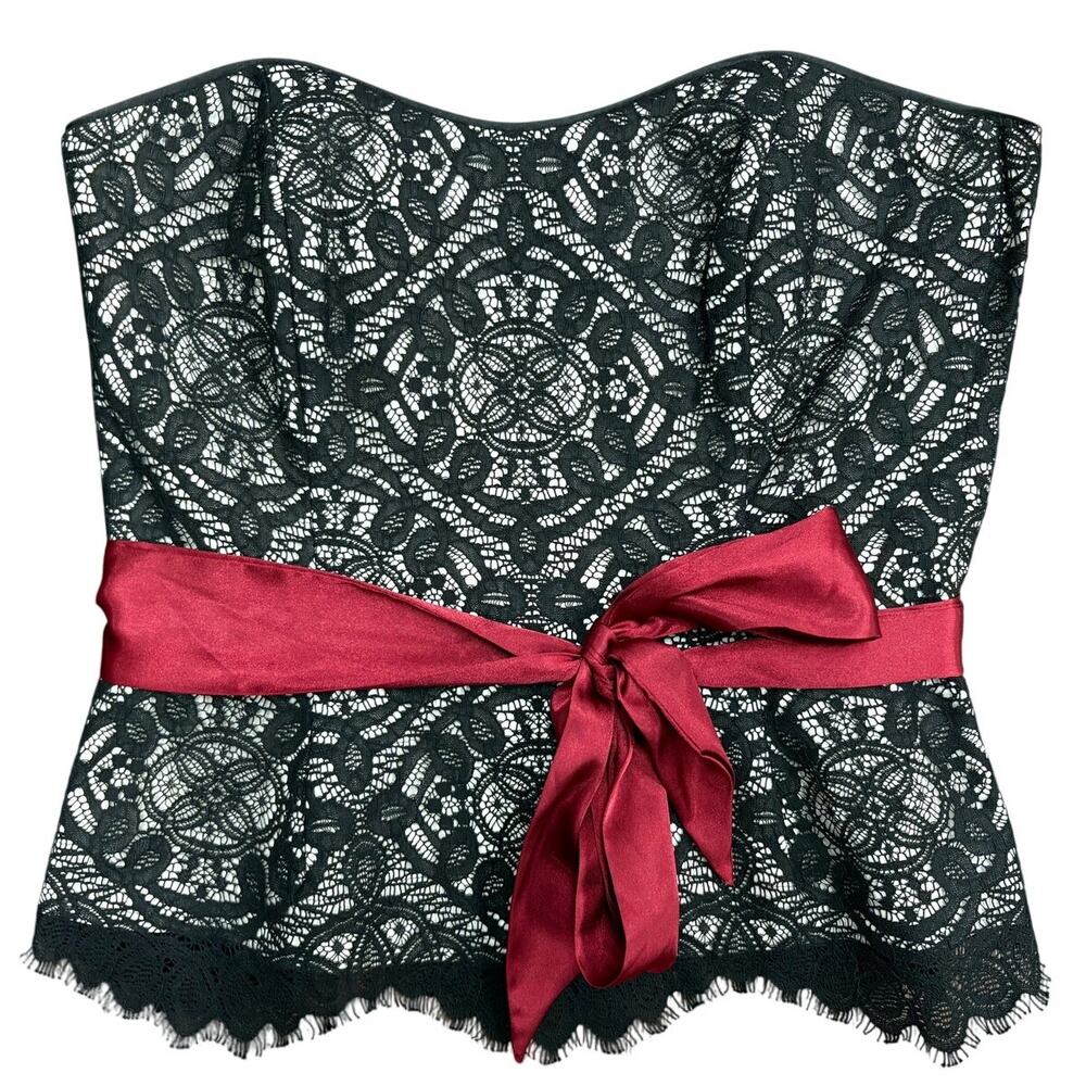 White House Black Market Black Lace Bustier Top Burgundy Satin Sash size 8